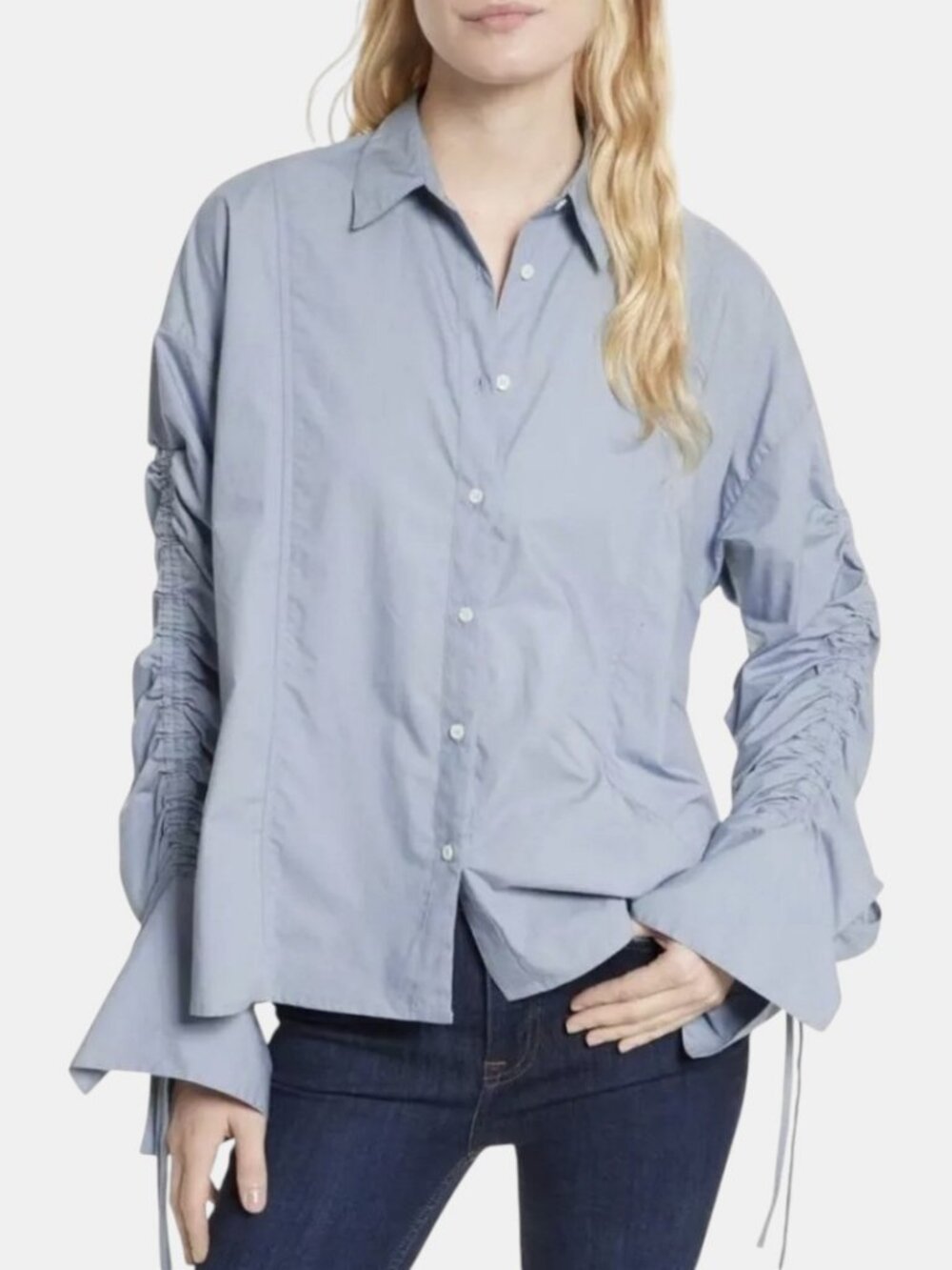 FREE PEOPLE BROWN EYED GIRL POPLIN BUTTON DOWN SHIRT BLUE NWOT SIZE L